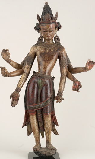 14th century, Nepal, Early Malla period, bodhisattva Avalokiteshvara Amoghapasha, polychrome wood, at the Free Sackler Gallery