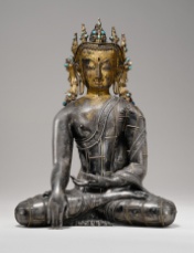 13th century, Tibet, crowned buddha Shakyamuni, silver with copper and turquoise inlay, parcel gilt, published by Carlton Rochell