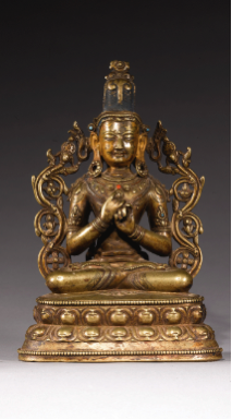 13th-14th c., Tibet, buddha Vairocana, copper alloy with copper, silver and stone inlay, pigment, private collection.