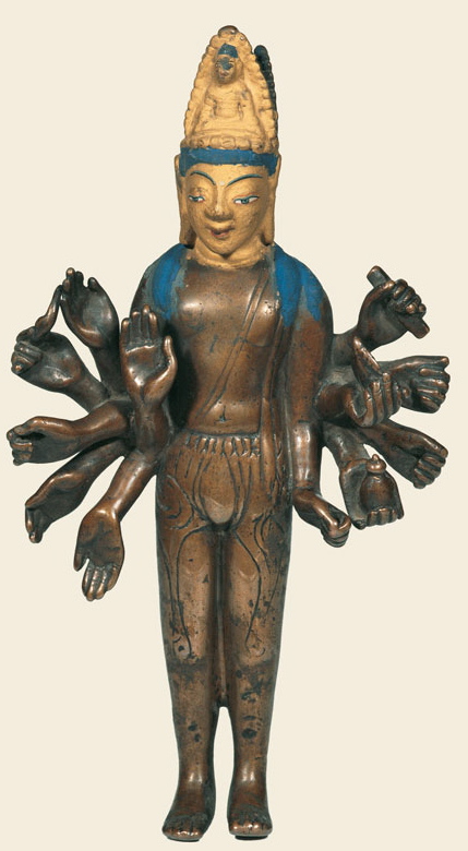 7th-8th century, Tibet, Zhang Zhung Kingdom, 12-armed Avalokiteshvara, brass, cold gold, pigment, at the Potala in Lhasa, published by Ulrich von Schroeder.