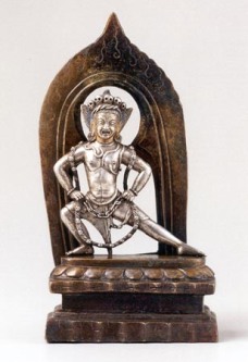11th-12th century, Tibet, Vajrasphota (Diamond Chain), silver with copper inlay and traces of pigment, copper alloy base and mandorla, Nyingjei Lam collection, published by Himalayan Art Resources.
