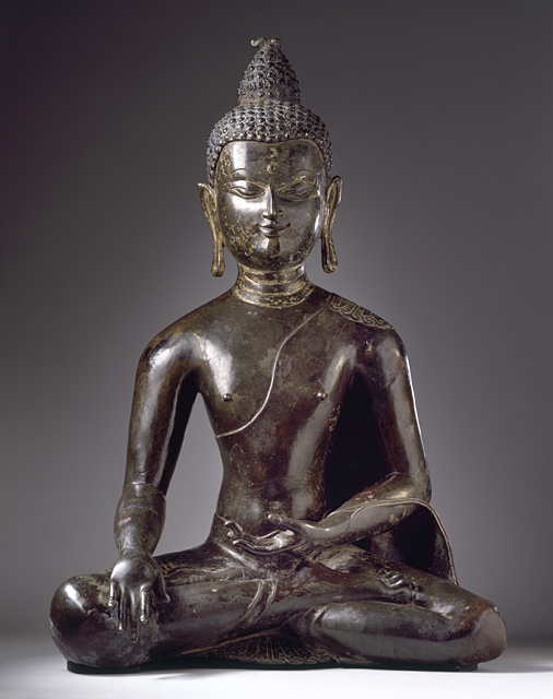 Central Tibet, 11th century, Shakyamuni, copper alloy with traces of cold gold and pigment, at the Los Angeles County Museum of Art.