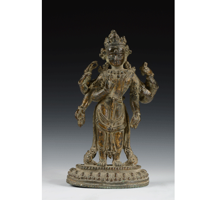 15th century circa, Nepal, Amoghapasha Lokeshvara, gilt copper alloy and stones, published on pindoles.com