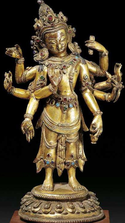 15th century, Nepal, Amoghapasha Lokeshvara, gilt copper alloy and stones, private collection, photo by Koller.