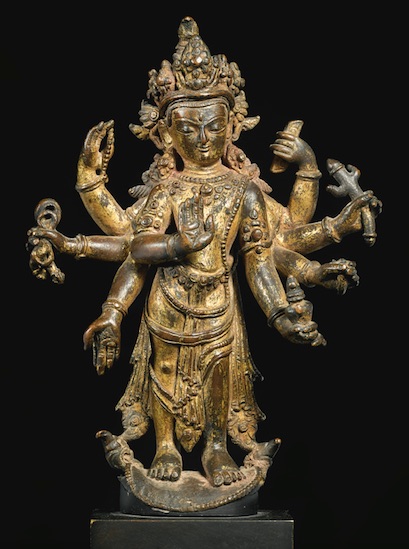 17th c., Nepal, Amoghapasha, gilt cop., 19,5 cm, rosary, book, noose, trident lotus, lotus, water pot, varada, abhaya, 13090 Tibet har, Sotheby's