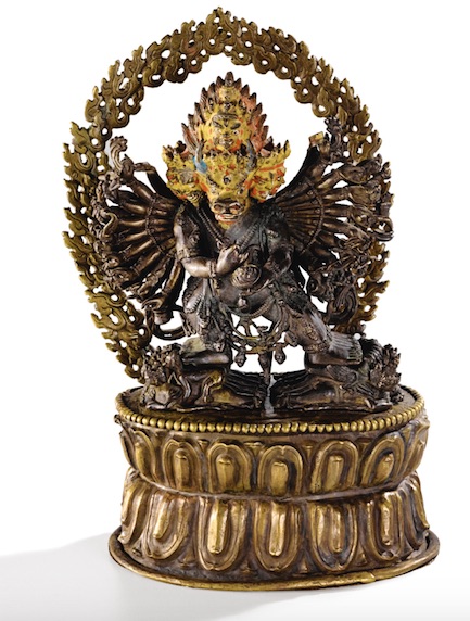 17th c., Tibet, Vajrabhairava, gilt bronze+cop. rep. stand, 21 cm, 32 arms, 16 legs, 9 heads, Sotheby's Paris