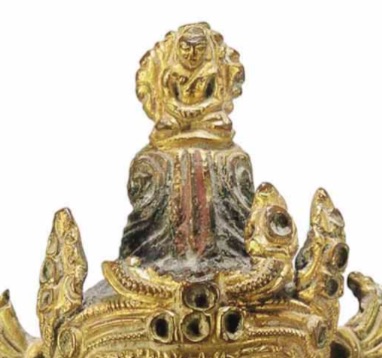 16th-17th c., Nepal, Shadakshari Lokeshvara, gilt bronze, 31,75 cm, patterned dhoti, animal skin on shoulders, Amitabha on chignon, Christie's