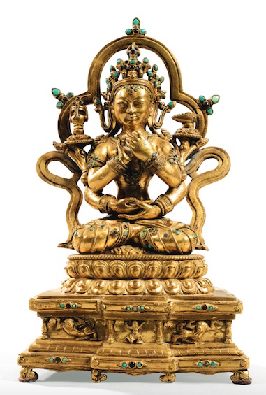 15th c. cir?, Tibet, Prajnaparamita, gilt bronze+turq., 30,4 cm, lotuses with conch+vase, HK Sotheby's