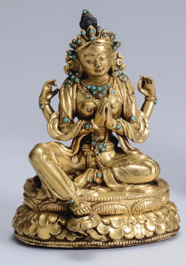 18th c., Tibet, Prajnaparamita, gilt bronze+turq., 11,5 cm, hands clasped as in K., sothebys