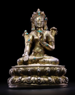 14th century, Tibet, Vishvamata (labelled Tara), gilt silver with turquoise inlay, private collection, photo by Bonhams.