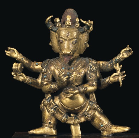 15th c., Tibet, Vajrabhairava, gilt bronze, 11,7 cm, 3 heads+6 hands, kartrika+kapala, drum+trident, 24429 har, Christie's