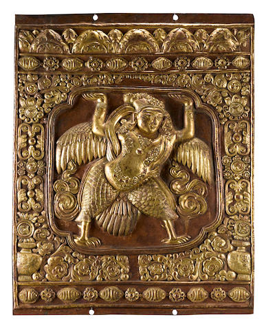 Kinnara, Tibet, 17th c., gilt c.a. rep., supports deity, trad. Amoghasiddhi, 61 cm, Bonhams
