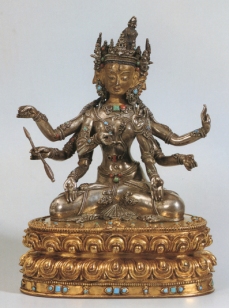15th century, Tibet?, Ushnishavijaya, (silver with turquoise and coral inlay on a gilt copper or copper alloy base), private collection, photo on Himalayan Art Resources .