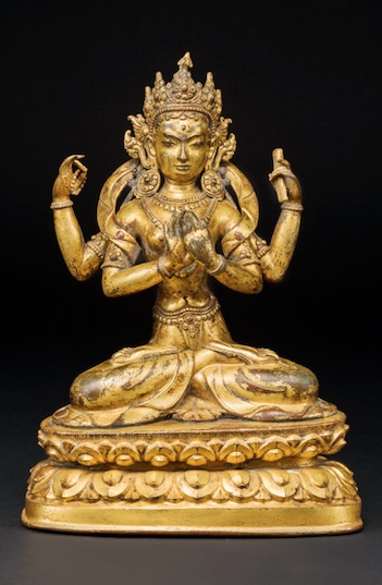16th c. cir., Tibet, Prajnaparamita, gilt bronze, 21 cm, rosary+book, dharmacakra, 8034 har, kapoorgalleries
