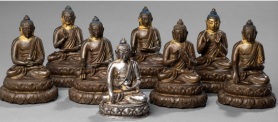 18th century, Tibet, eight medicine buddhas, silver, bronze, traces of cold gold and pigment, private collection, photo by Nagel, sale 101.