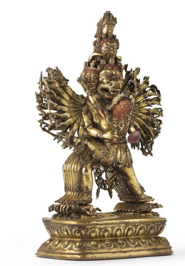 17th c., Tibet, Vajrabhairava+consort, gilt bronze+cold g.+polyc., 45 cm, lab. Yamantaka, 21mar08, auction 1974 lot 625, Christie's