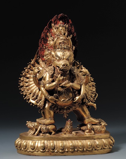 18th c., Tibet, Vajrabhairava, gilt bronze(+pig.), 29,2 cm, lab. Yamantaka, 06jun00, auction 6308 lot 249, London Christie's