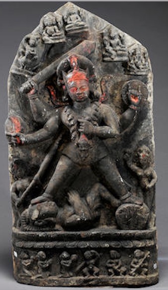 16th c. Nepal, Yamantaka pos., stone, 76 cm, sword+shield, curved knife+head, attendants+deities, 11jul05, Fine Asian A., lot 305, London Bonhams