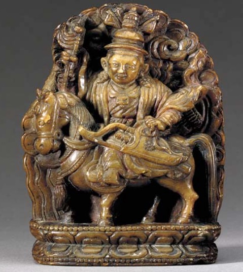 King Gesar, 17th c., Tibet, stone, 10,4 cm, bow+quiver, staff, lab. Dharma K. Ling G., 17oct01, sale 9732 lot 155, Christie's