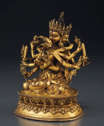 15th-16th c., Tibet, Akshobhyavajra+Adhiprajna, gilt bronze(+black pig.), har 24605, 16,2 cm, 17mar21, sale 19562 lot 447, Christie's