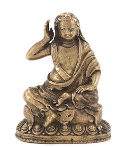 17th c., Tibet?, Milarepa, brass, 6,5 cm, rice grain on strap, lab. gilt bronze, 11may15, Asian A. lot 404, London Bonhams