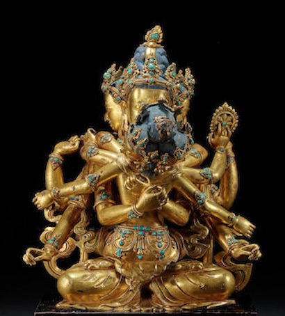 16th c., Tibet, Manjuvajra, gilt c.a.+turq., 29 cm, lab. Guh. M., no third eye, 02dic20, Images of Devotion lot 1015, HK Bonhams